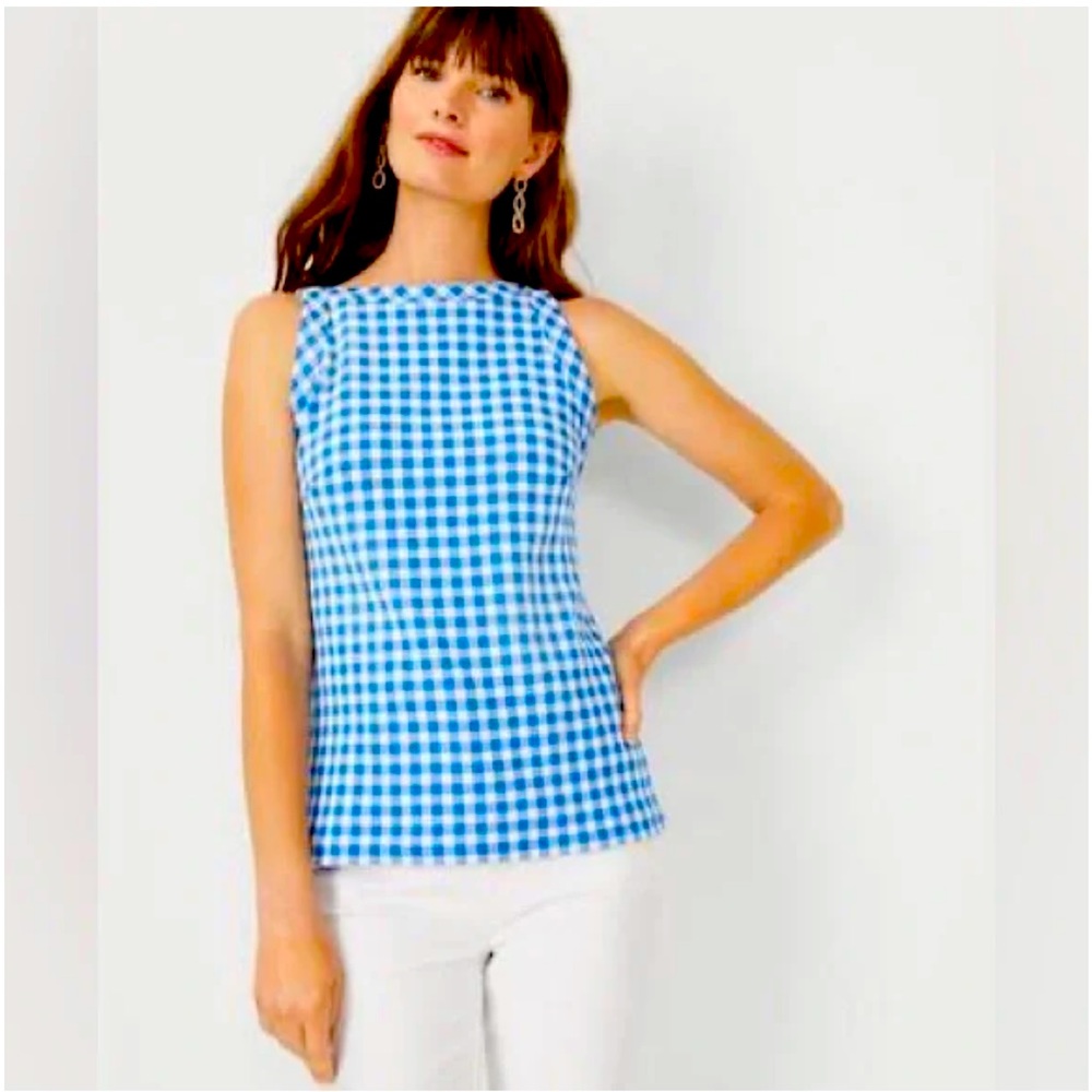 Ann Taylor Blue Gingham Boat Neck Tank Size Small EUC